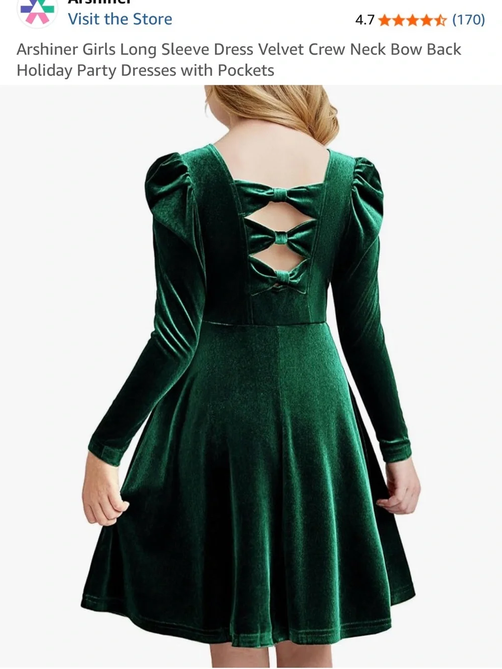 Girls Velvet Long-Sleeve Dress in Emerald Green